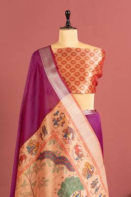 plum color khadi art silk saree with printed blouse 2