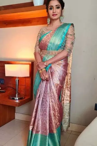 Baby pink silk blend banarasi jaquard designer saree with blouse