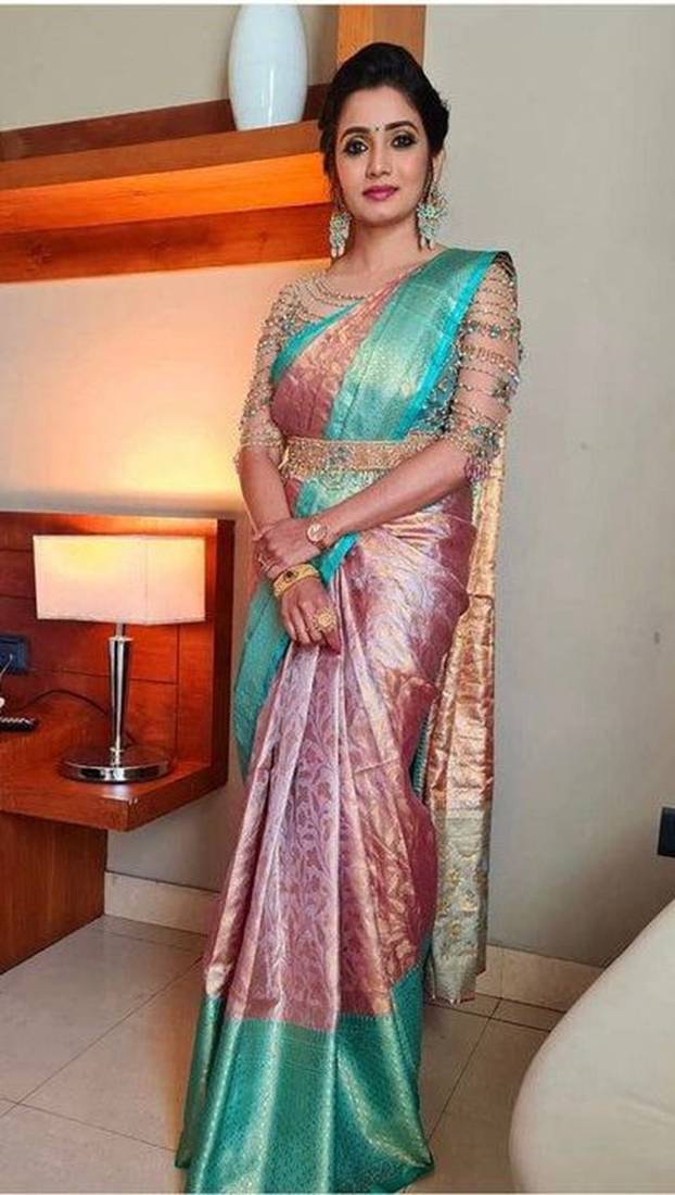 Baby pink soft silk blend banarasi jacuard work designer saree with blouse