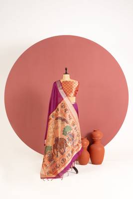 plum color khadi art silk saree with printed blouse 3