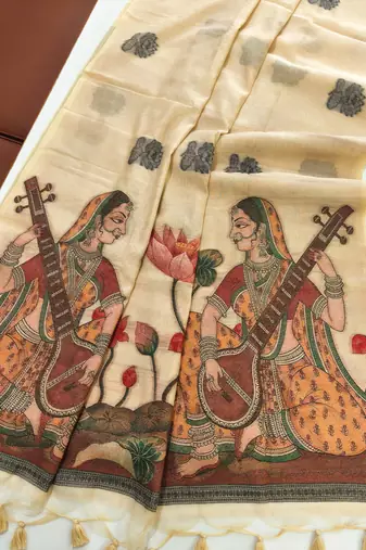 cream color chanderi cotton saree with contrast blouse