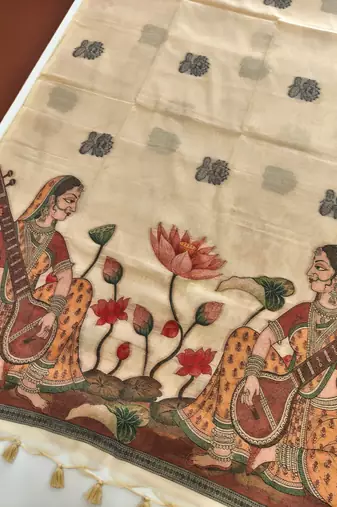 cream color chanderi cotton saree with contrast blouse