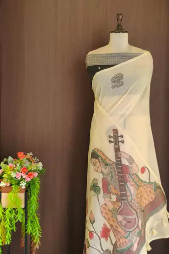cream color chanderi cotton saree with contrast blouse
