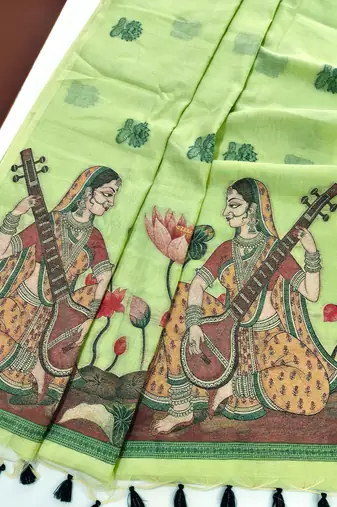 green color chanderi cotton saree with contrast blouse