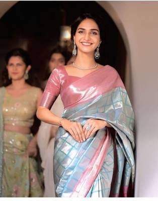 Grey silk blend banarasi jaquard designer saree with blouse 2