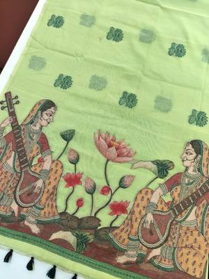 green color chanderi cotton saree with contrast blouse 3