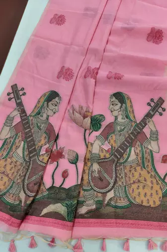 pink color chanderi cotton saree with contrast blouse