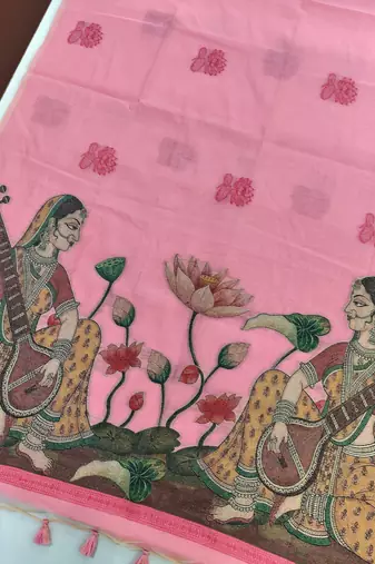 pink color chanderi cotton saree with contrast blouse