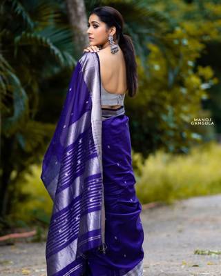 Blue silk blend banarasi jaquard designer saree with blouse 3