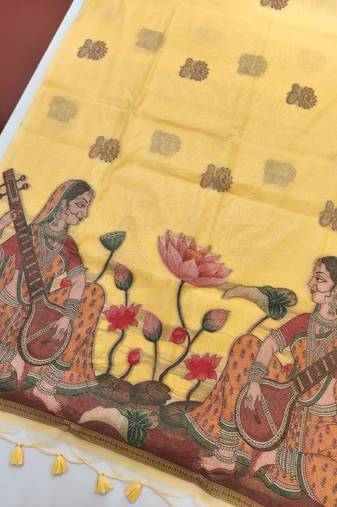 yellow color chanderi cotton saree with contrast blouse