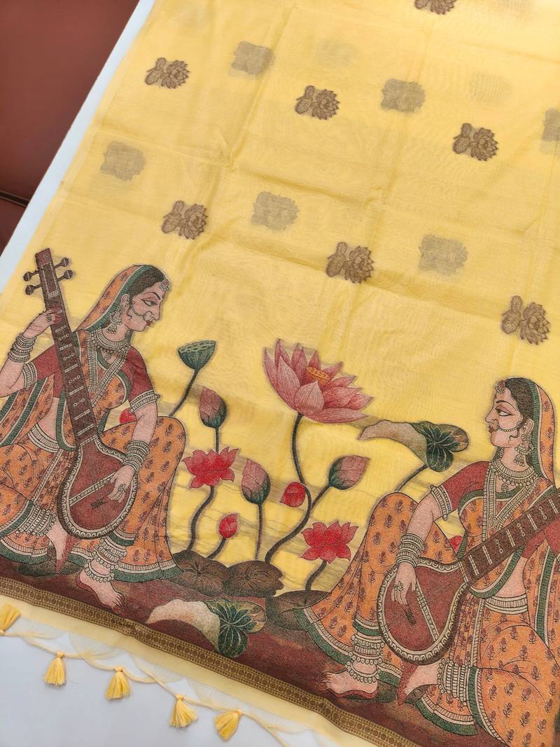 yellow color chanderi cotton saree with contrast blouse
