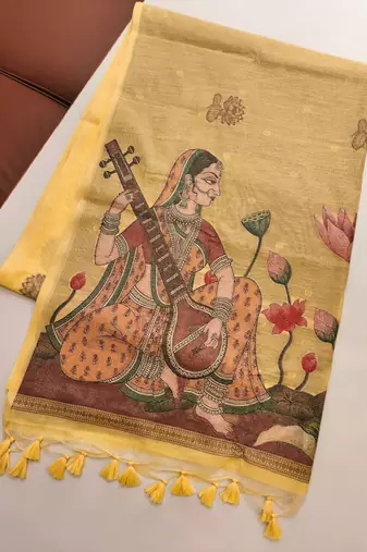 yellow color chanderi cotton saree with contrast blouse