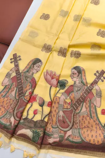 yellow color chanderi cotton saree with contrast blouse