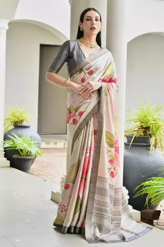 grey color satin art silk saree with designer blouzse