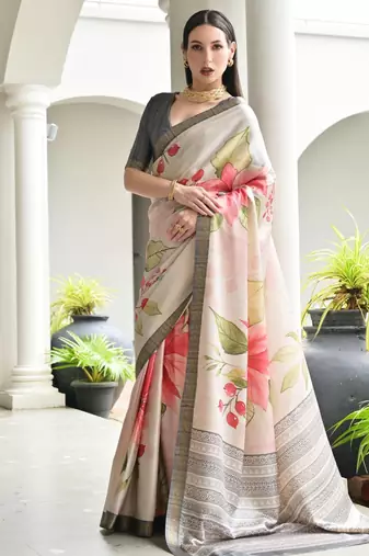 grey color satin art silk saree with designer blouzse