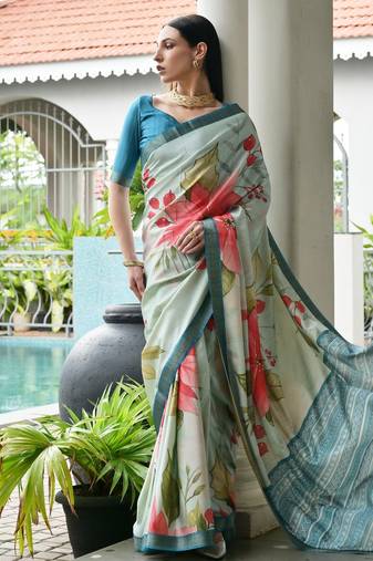 teal color satin art silk saree with designer blouzse