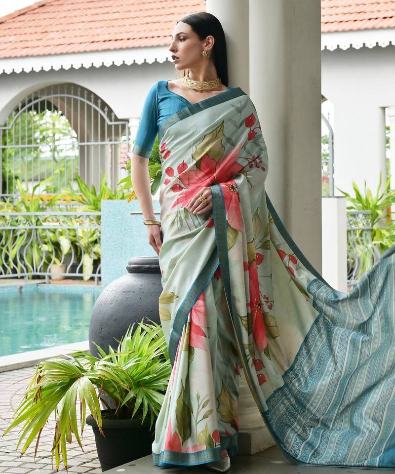 teal color satin art silk saree with designer blouzse