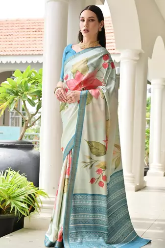 teal color satin art silk saree with designer blouzse