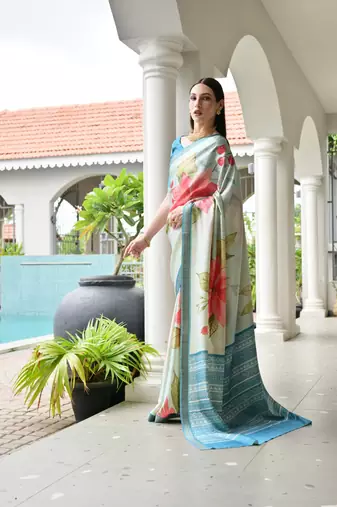 teal color satin art silk saree with designer blouzse