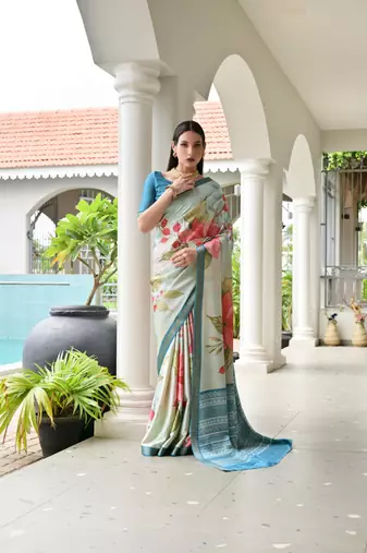 teal color satin art silk saree with designer blouzse