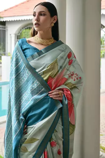 teal color satin art silk saree with designer blouzse
