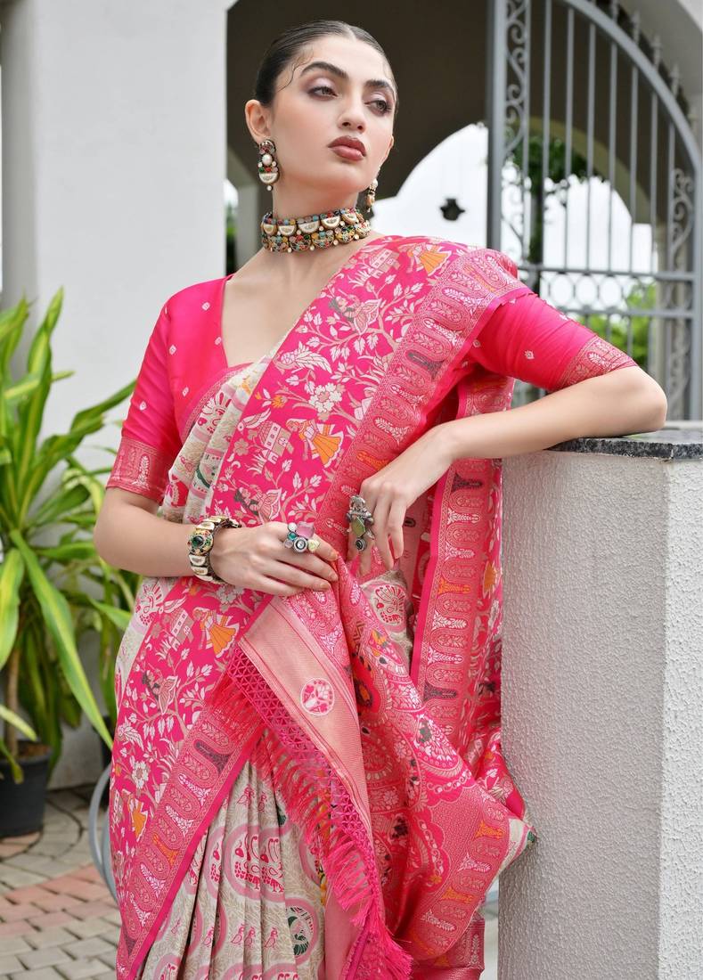  pink color banarasi art silk saree with designer blouse