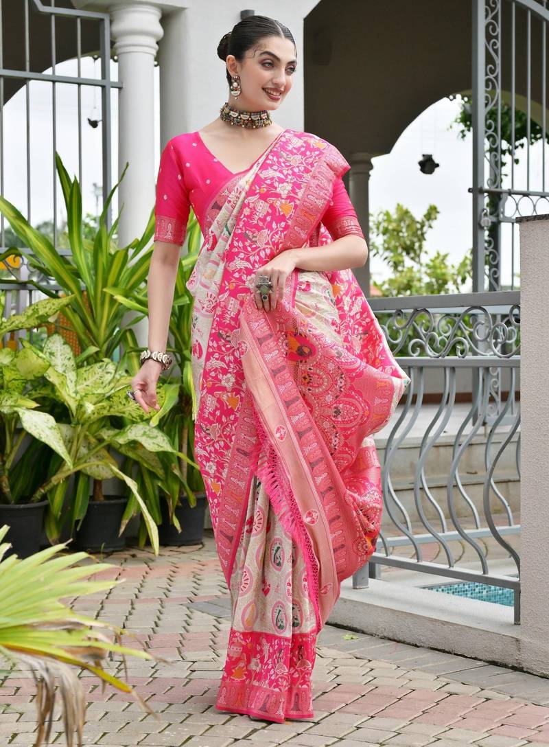  pink color banarasi art silk saree with designer blouse