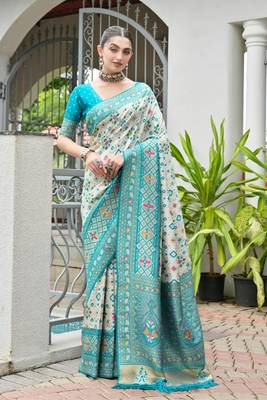  teal color banarasi art silk saree with designer blouse 1