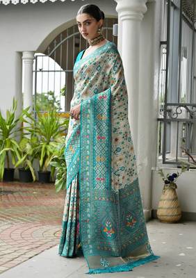  teal color banarasi art silk saree with designer blouse 3