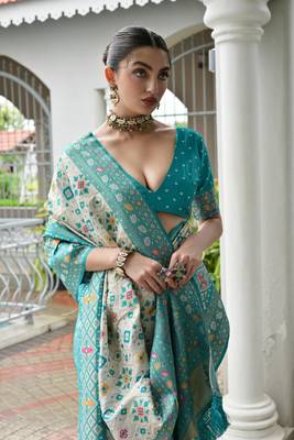  teal color banarasi art silk saree with designer blouse 4
