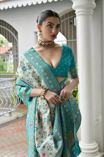  teal color banarasi art silk saree with designer blouse