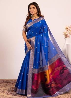 blue color banarasi art silk saree with blouse 1