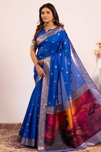 blue color banarasi art silk saree with blouse