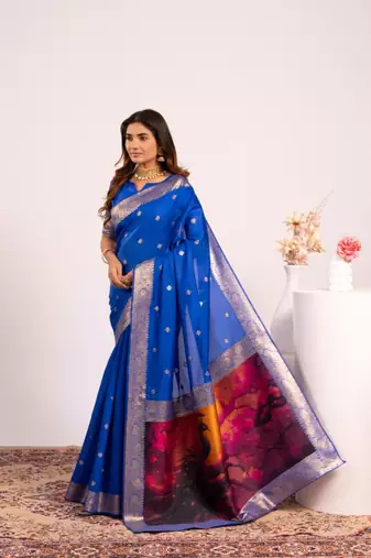 blue color banarasi art silk saree with blouse