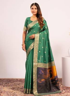 green color banarasi art silk saree with blouse 3