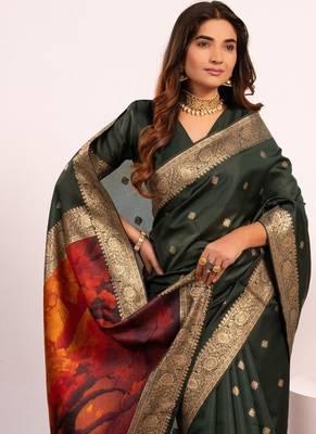 mehendi color banarasi art silk saree with blouse 2
