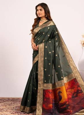 mehendi color banarasi art silk saree with blouse 1
