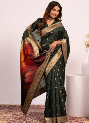 mehendi color banarasi art silk saree with blouse 3
