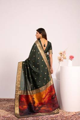 mehendi color banarasi art silk saree with blouse 4
