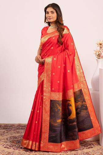 red color banarasi art silk saree with blouse