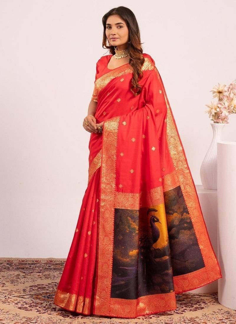 red color banarasi art silk saree with blouse