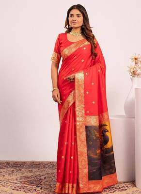 red color banarasi art silk saree with blouse 3