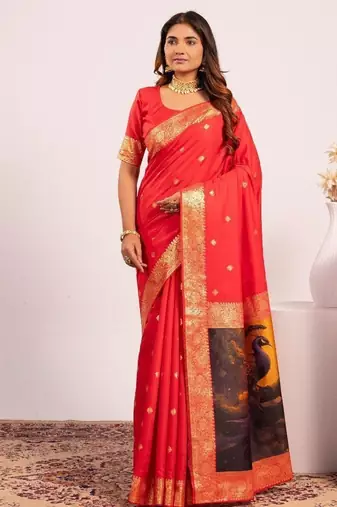 red color banarasi art silk saree with blouse