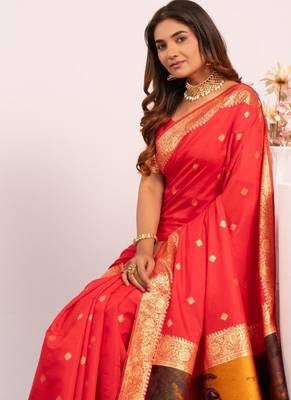 red color banarasi art silk saree with blouse 5