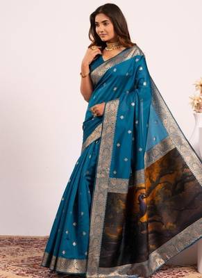 teal color banarasi art silk saree with blouse 1