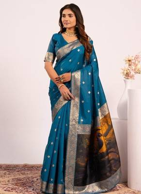teal color banarasi art silk saree with blouse 3