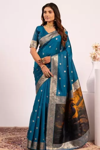 teal color banarasi art silk saree with blouse