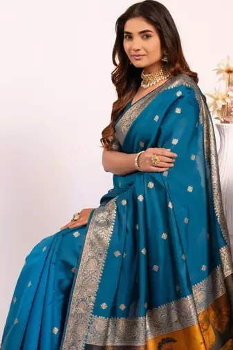 teal color banarasi art silk saree with blouse