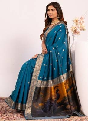 teal color banarasi art silk saree with blouse 5