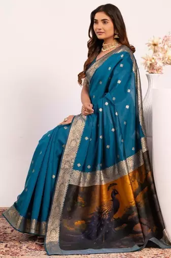 teal color banarasi art silk saree with blouse